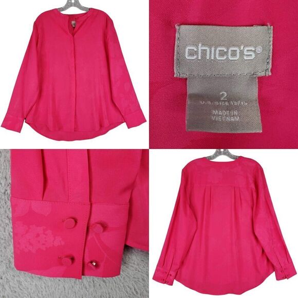 Chicos Shirt Blouse Womens Size 2 US Large Bright Pink Button-Up Collarless - Picture 1 of 8